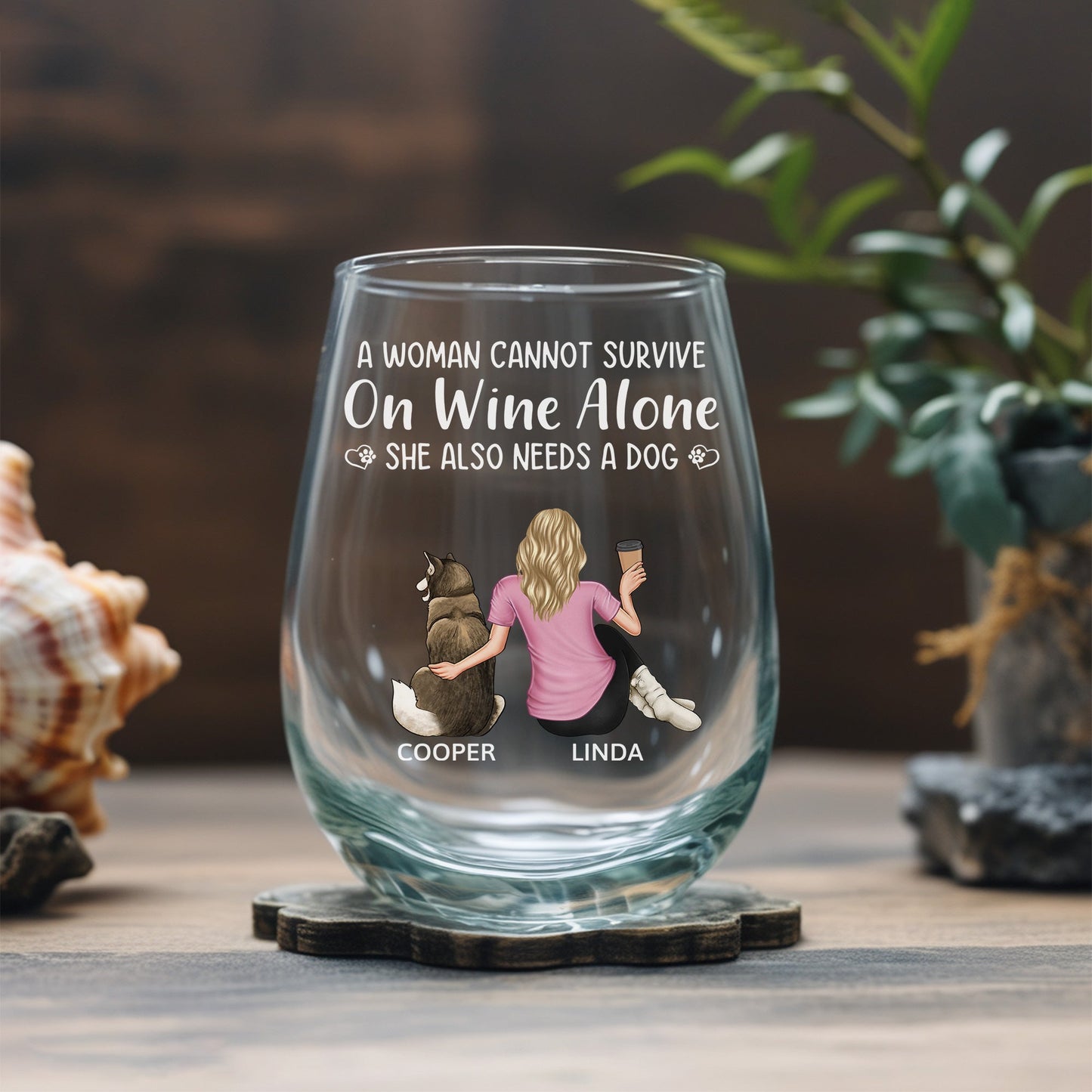 “Wine and Dogs Are Essential” Personalized Stemless Wine Glass - Valentine’s Day Gift - Perfect for Dog Moms/Dads - Beach Scene Design