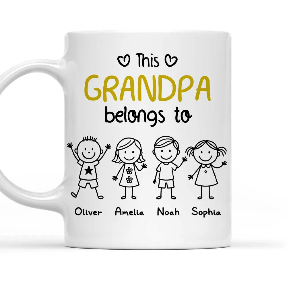 This Grandpa Belongs To – Personalized White Ceramic Mug with Grandkids' Names, Cute Gift for Grandfather