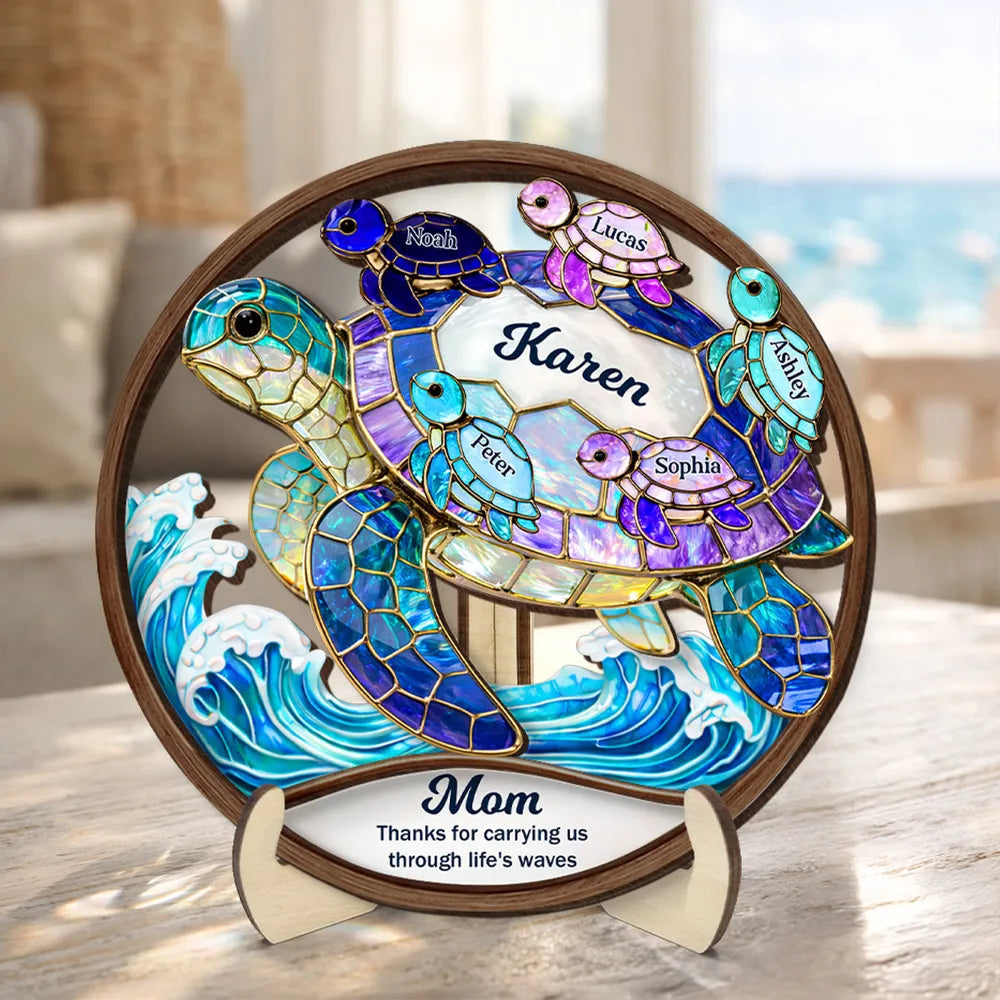 2-Layer Wooden Plaque with Stained-Glass Style Sea Turtle and Heartfelt Message - Personalized Gift for Mom