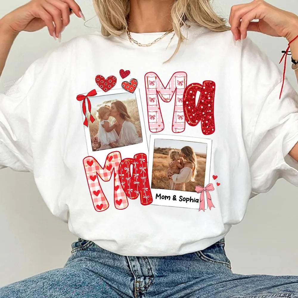 Custom Mama Classic Tee with Mom and Child Hugging Photos Red Valentine Style Hearts A Heartwarming Unique Gift