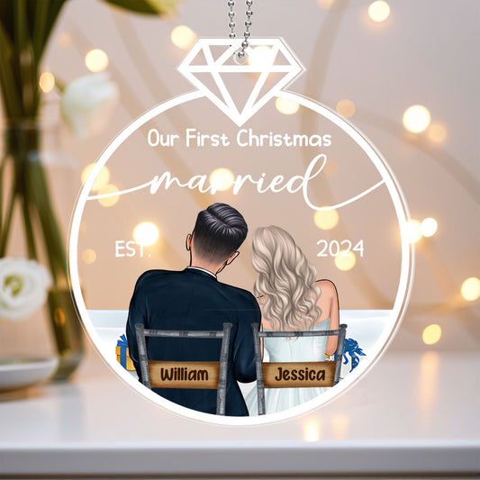 Our First Christmas Married Ornament – Personalized Acrylic Ornament with Romantic Couple Back Design