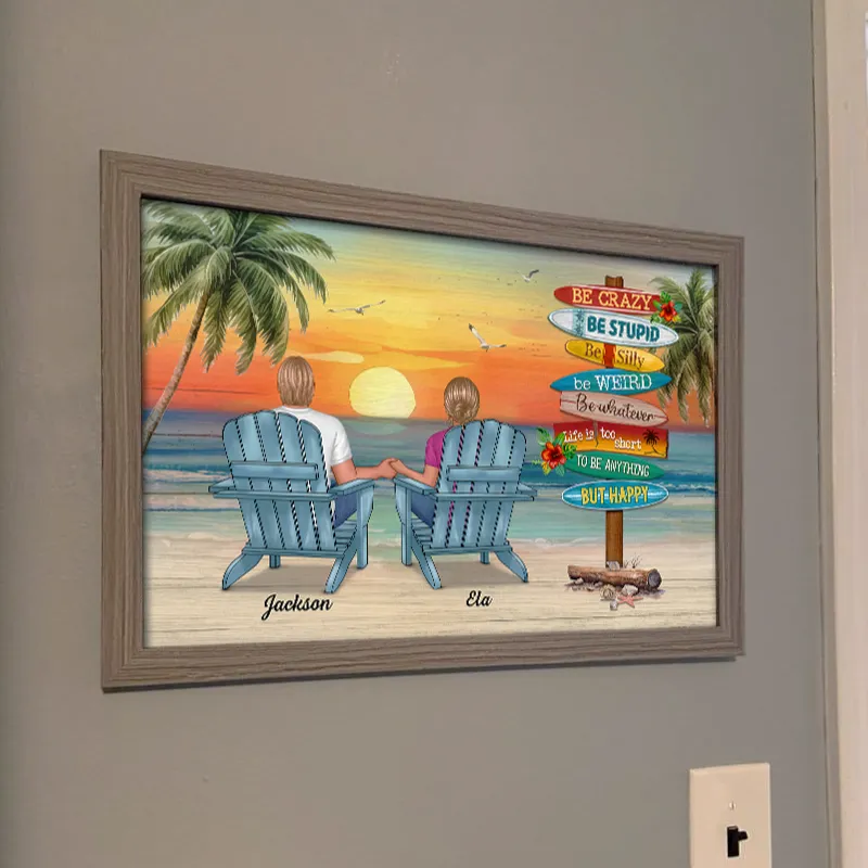 Personalized Beach Sunset Couple Poster, Holding Hands in Adirondack Chairs, Life is Too Short But Happy, Unique Gift