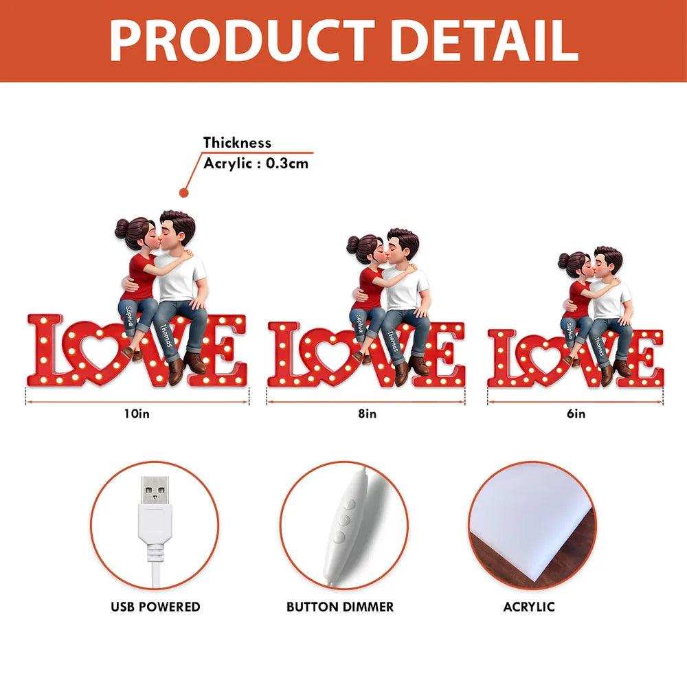 Personalized Acrylic Light Box with Kissing Couple on LOVE Sign, Warm Glow Bedroom Decor, Unique Gift for Him or Her
