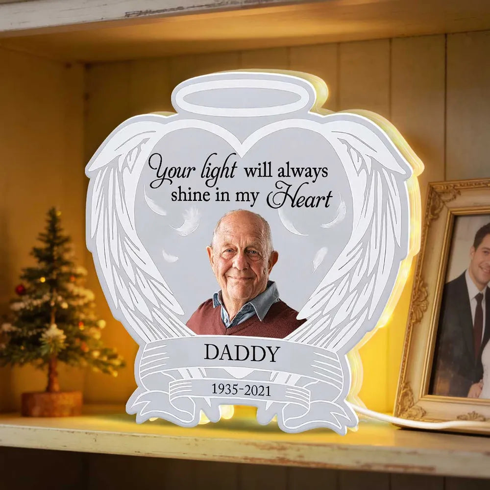 Acrylic Light Box Remembrance Lamp with Angel Wings Heart Design, Warm Glow Tribute, Unique Sympathy Gift for Family