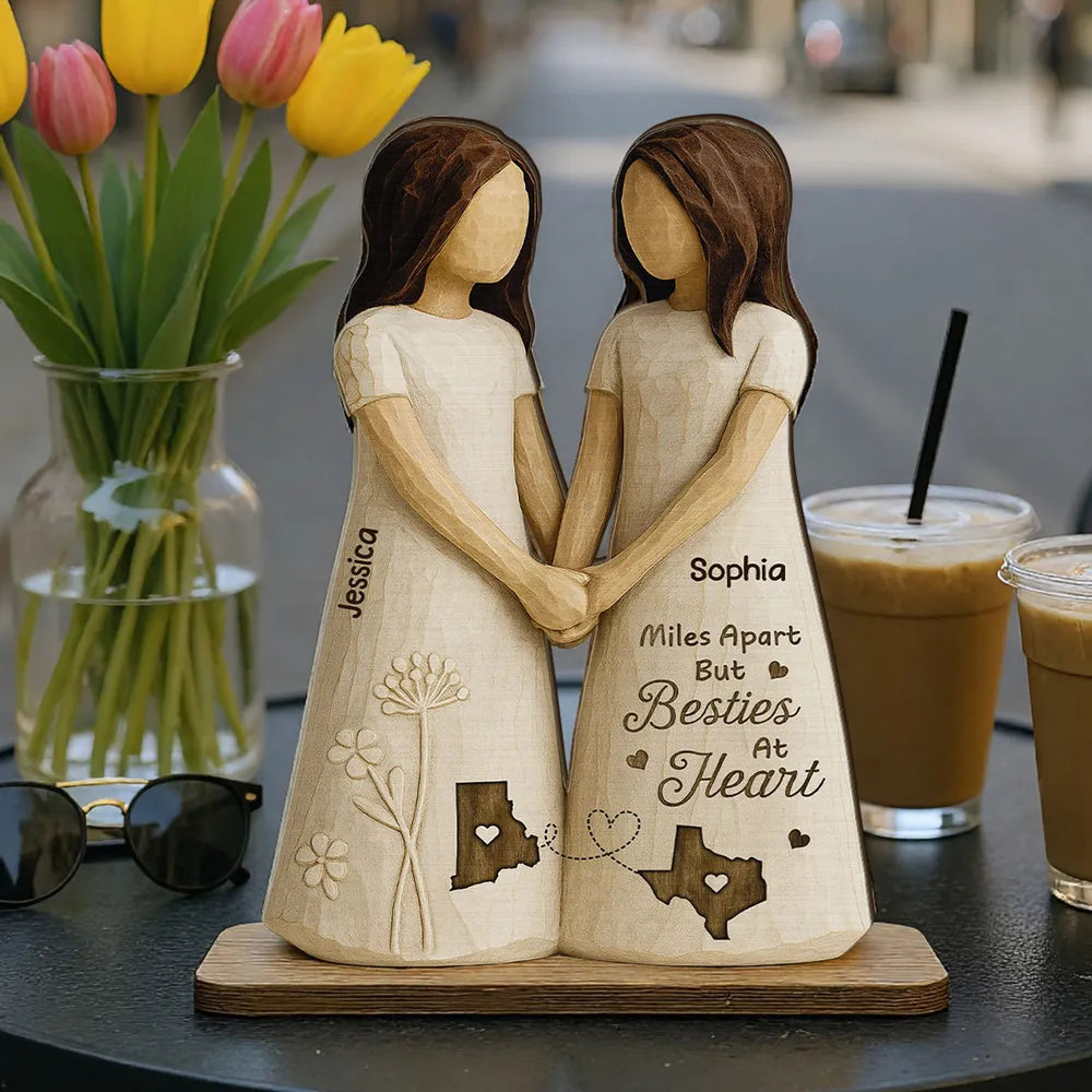 Personalized Wooden Plaque Besties At Heart Long-Distance Friends Holding Hands Rustic Shelf Decor Unique Gift