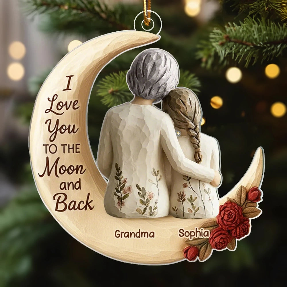 Acrylic Ornament with Grandma and Grandkid Moon Hug Heartwarming Holiday Decor Personalized Unique Gift for Grandma