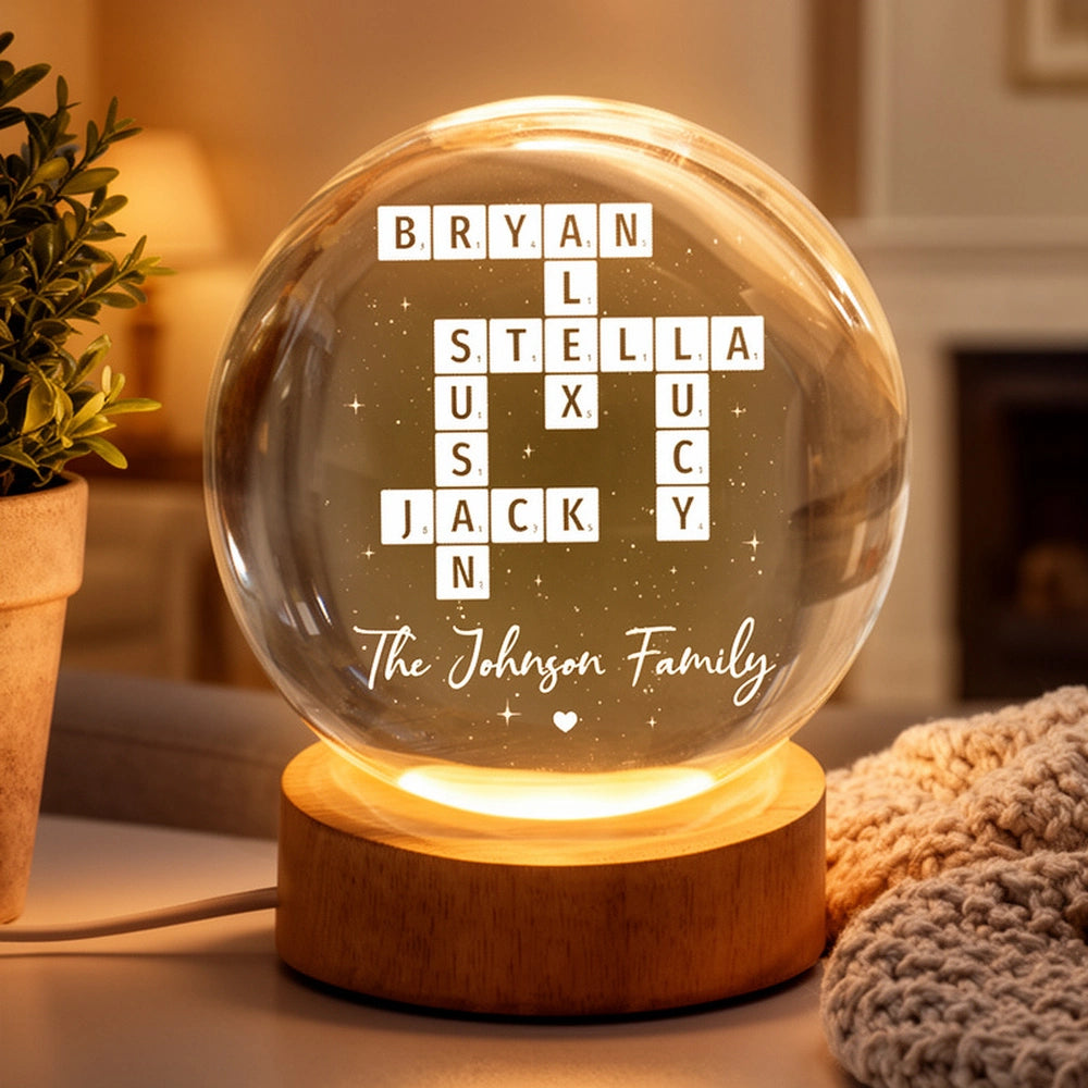 Custom Crossword Family Name Globe Lamp, Cozy Warm Light for Bedroom or Living Room, Thoughtful Unique Gift