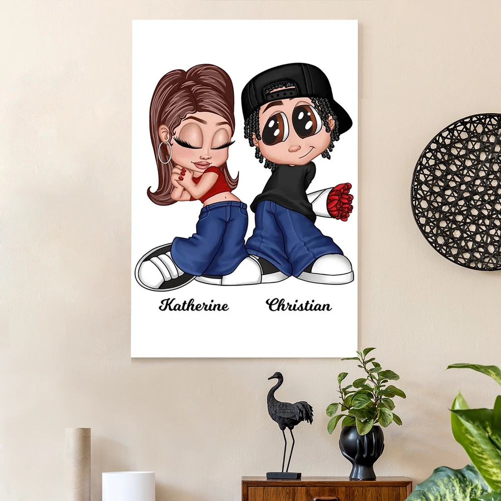 Personalized Y2K Cartoon Couple Poster, Cute Back-to-Back Wall Art, Unique Gift for Him or Her