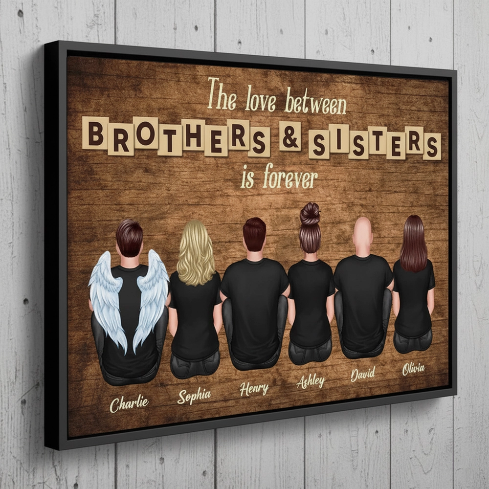 “The Love Between Brothers & Sisters Is Forever” Poster – Personalized Back View Wall Art in Vintage Wood Style, Perfect Gift for Christmas, Birthday or Family Reunion