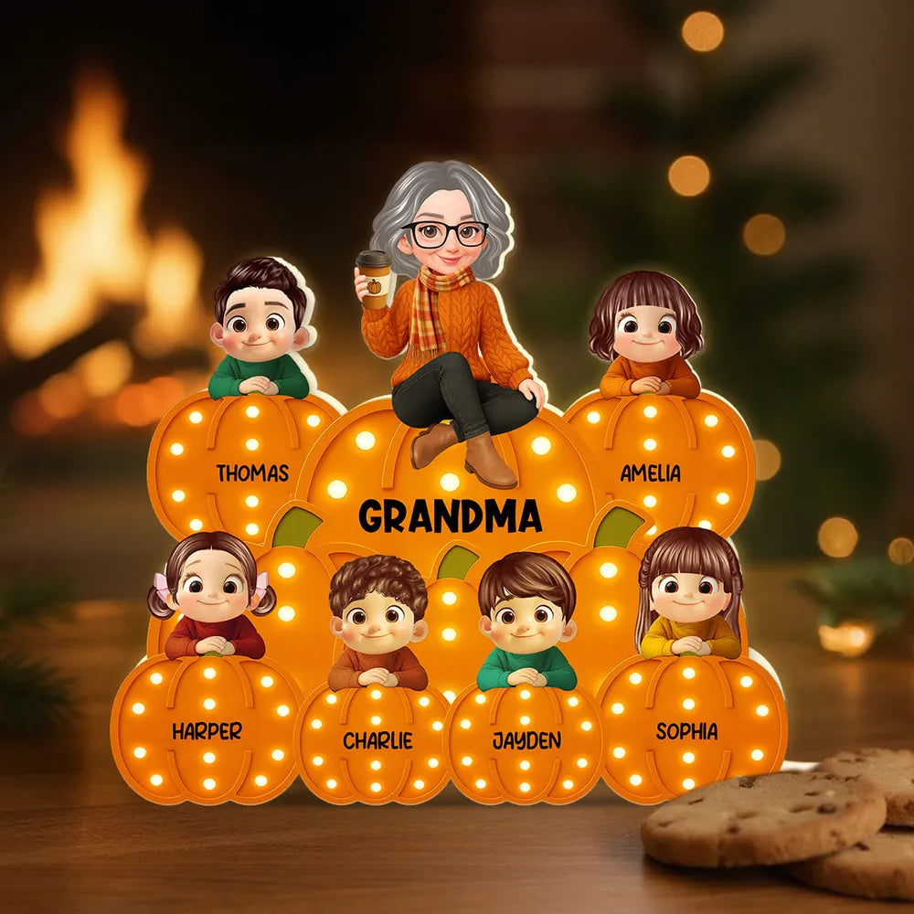 Personalized Acrylic Light Box for Grandma and Grandkids, pumpkin stack design, warm glow, fall décor keepsake, perfect gift for Halloween and Thanksgiving