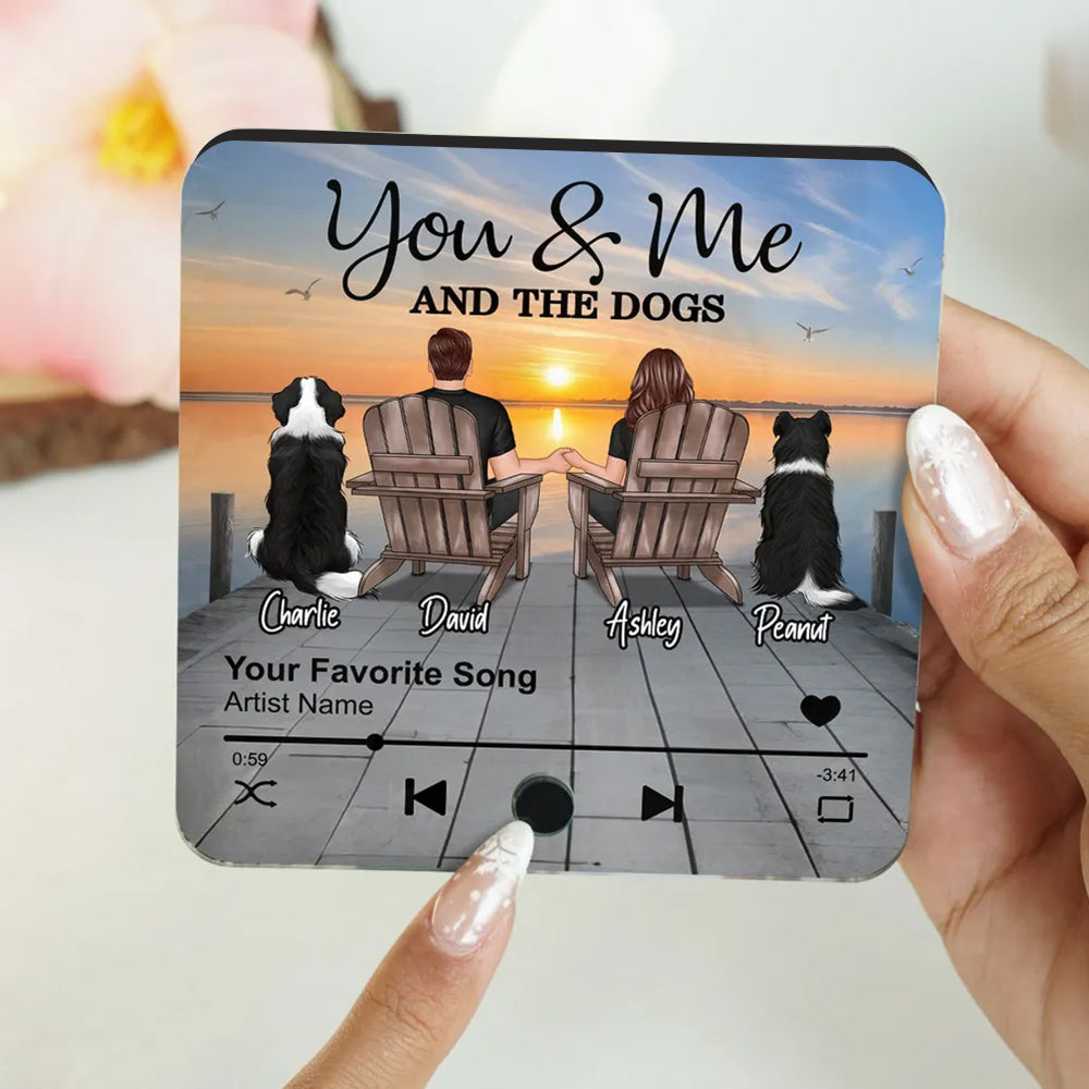 Couple You Me And The Dogs Cats Sitting On Lake Dock Personalized Music Fridge Magnet, Gift For Couple, Dog Lovers, Cat Lovers, Pet Lovers
