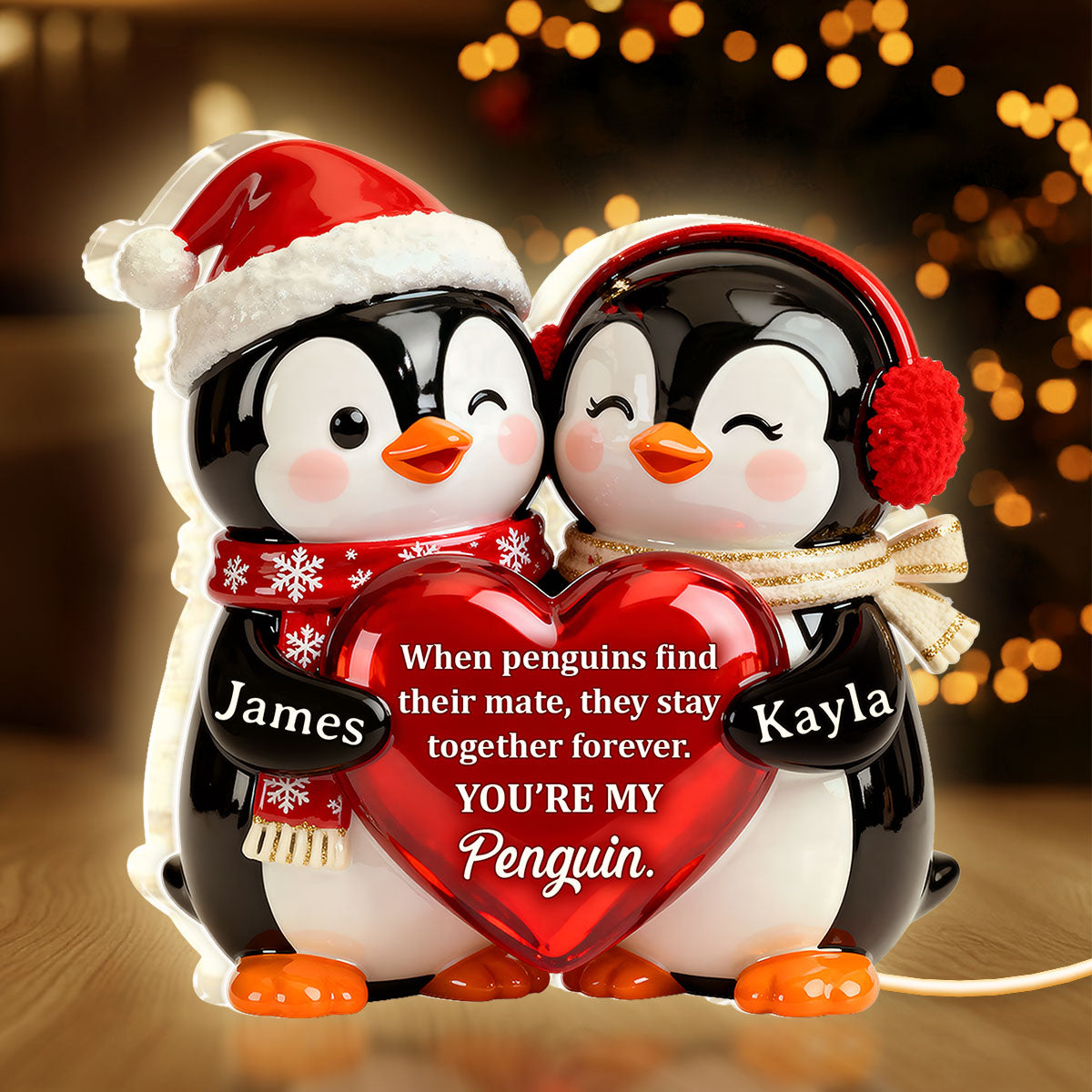 Personalized Acrylic Light Box with Cute Penguin Couple, Romantic Soft Glow Keepsake, Unique Gift for Your Partner