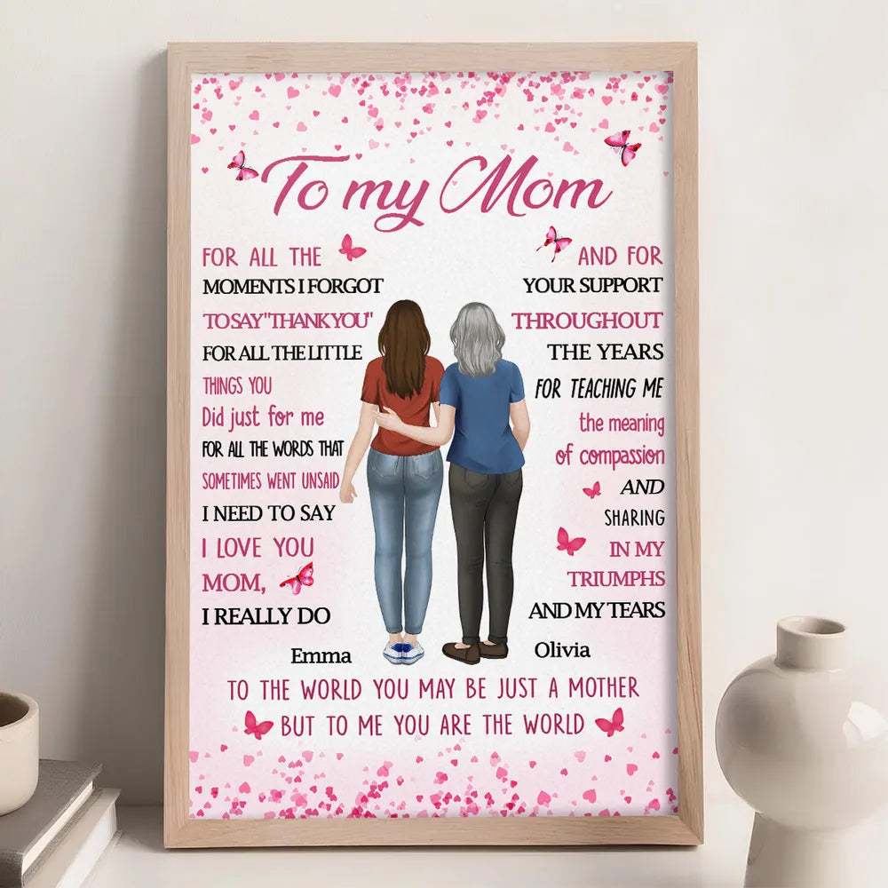 Personalized Mom Quote Poster, Custom Mother Daughter Hugging Wall Art, Pink Butterflies, Unique Gift for Mom