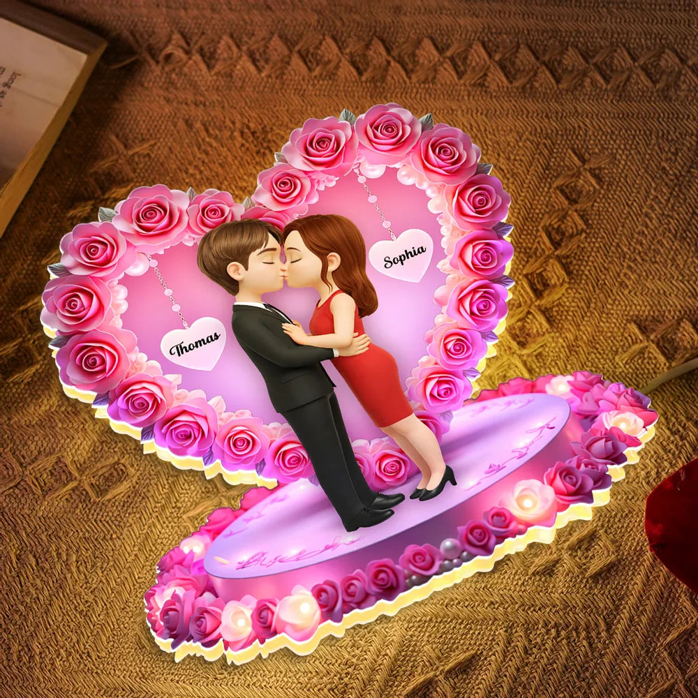 Personalized Acrylic Light Box Kissing Couple in Rose Heart Night Light for Bedroom Warm Glow Unique Gift for Her or Him