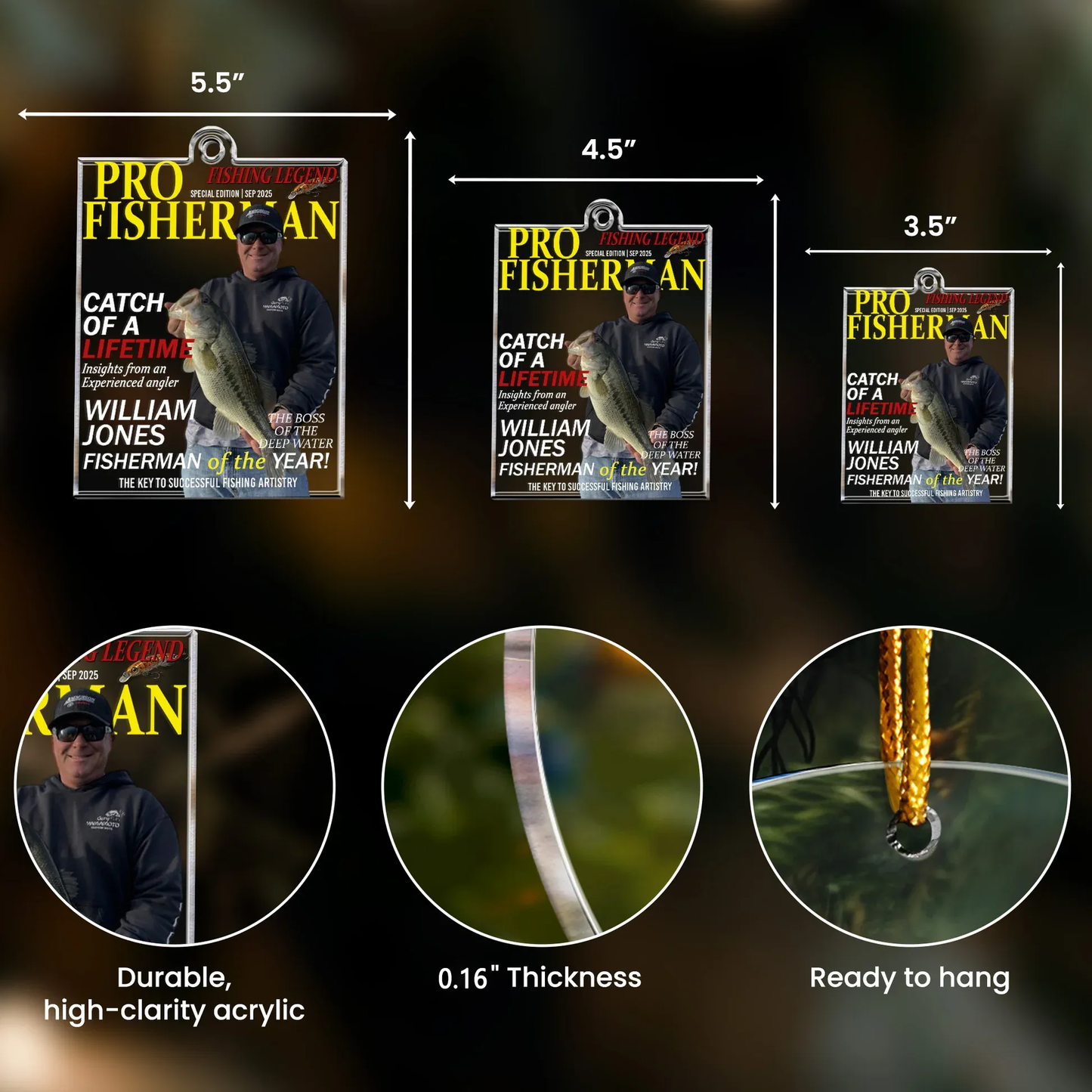 Personalized Acrylic Ornament for Fishing Legend – Pro Fisherman Magazine Style, Unique Gift for Anglers & Holiday Decor