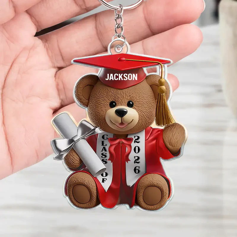 Acrylic Keychain Cute Graduation Bear with Cap and Diploma - Personalized Gift That Feels So Special