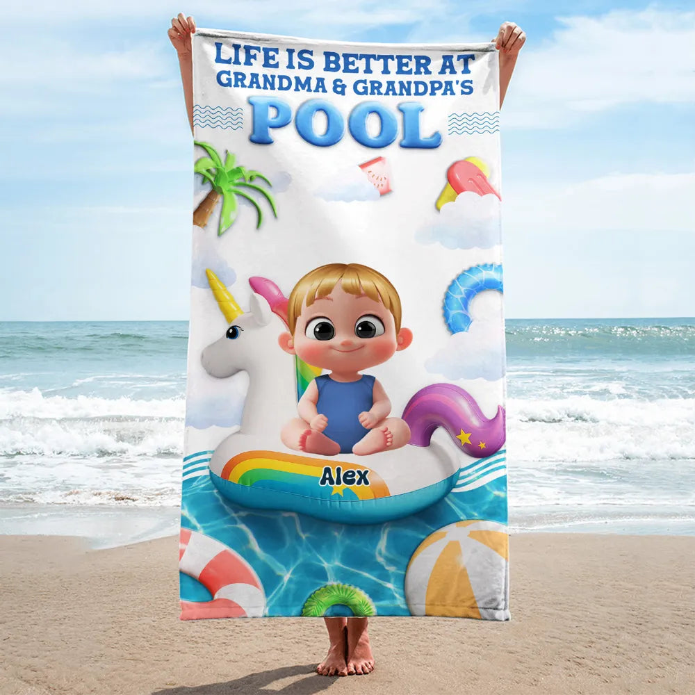 Custom Beach Towel for Grandchildren – 'Life Is Better at Grandma & Grandpa’s Pool', Fun Summer Gift