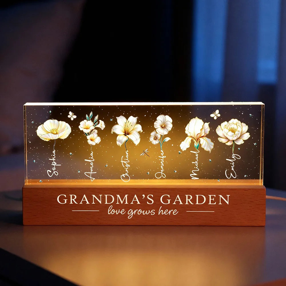 Grandma's Garden Block LED Light Plaque with Birth Month Flowers, Warm Glow Decor, Personalized Unique Gift for Grandma