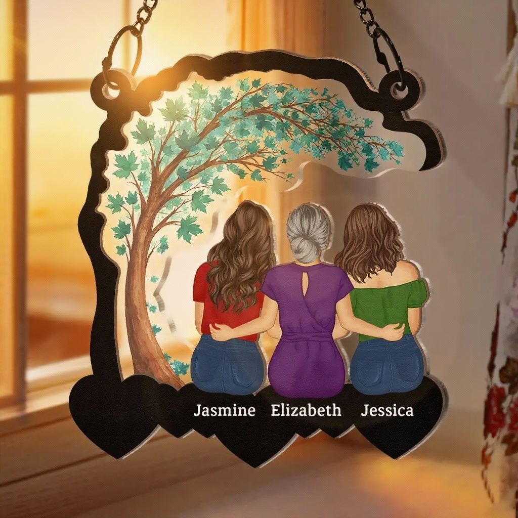Wood and Acrylic Layered Ornament with Mother and Daughters Back View, Warm Family Bond Design, Perfect Gift for Women and Sisters