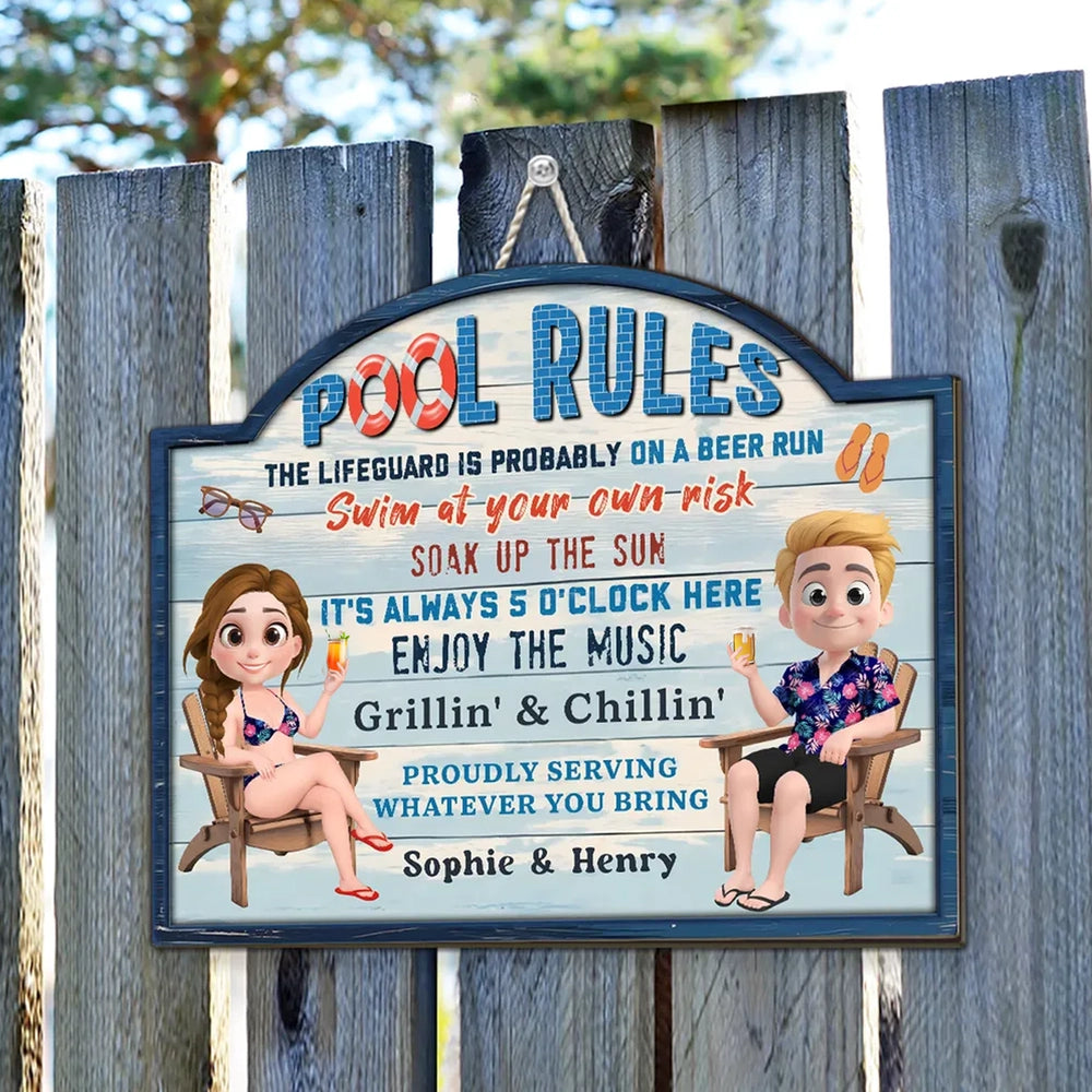 Poolside Grillin' & Chillin' Personalized Wooden Sign, Beachy Funny Backyard Decor, Unique Gift For Couples