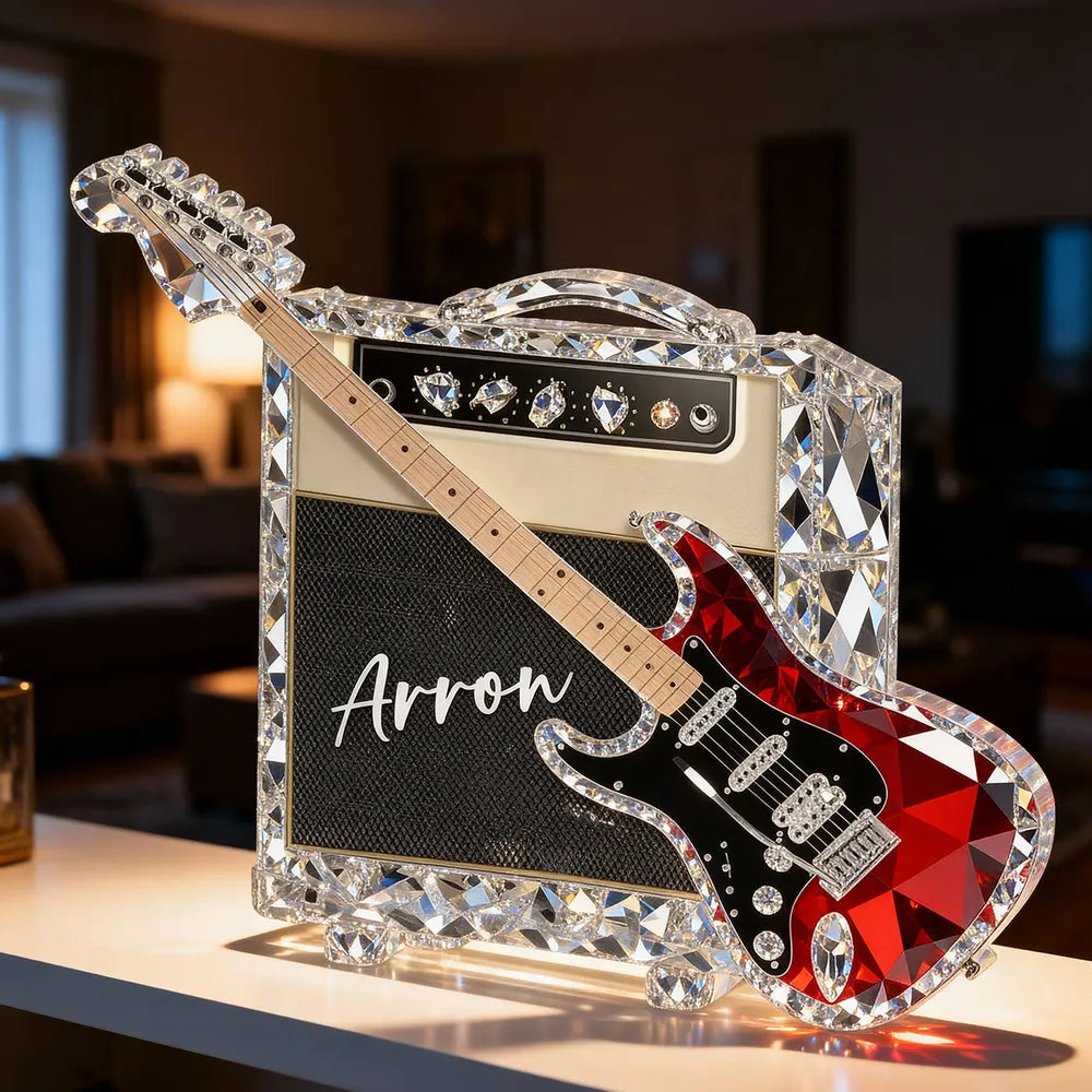 Personalized Guitar Shaped Acrylic Block Plaque, Amp and Electric Guitar Shelf Decor, Unique Gift for Music Lovers