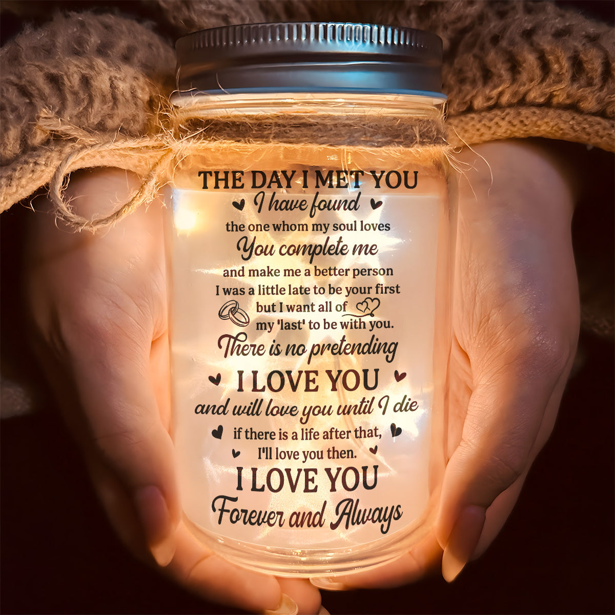 Personalized Glass Mason Jar Light for Couples with Hand-Holding Art, You & Me Romantic Quote, Unique Anniversary Gift