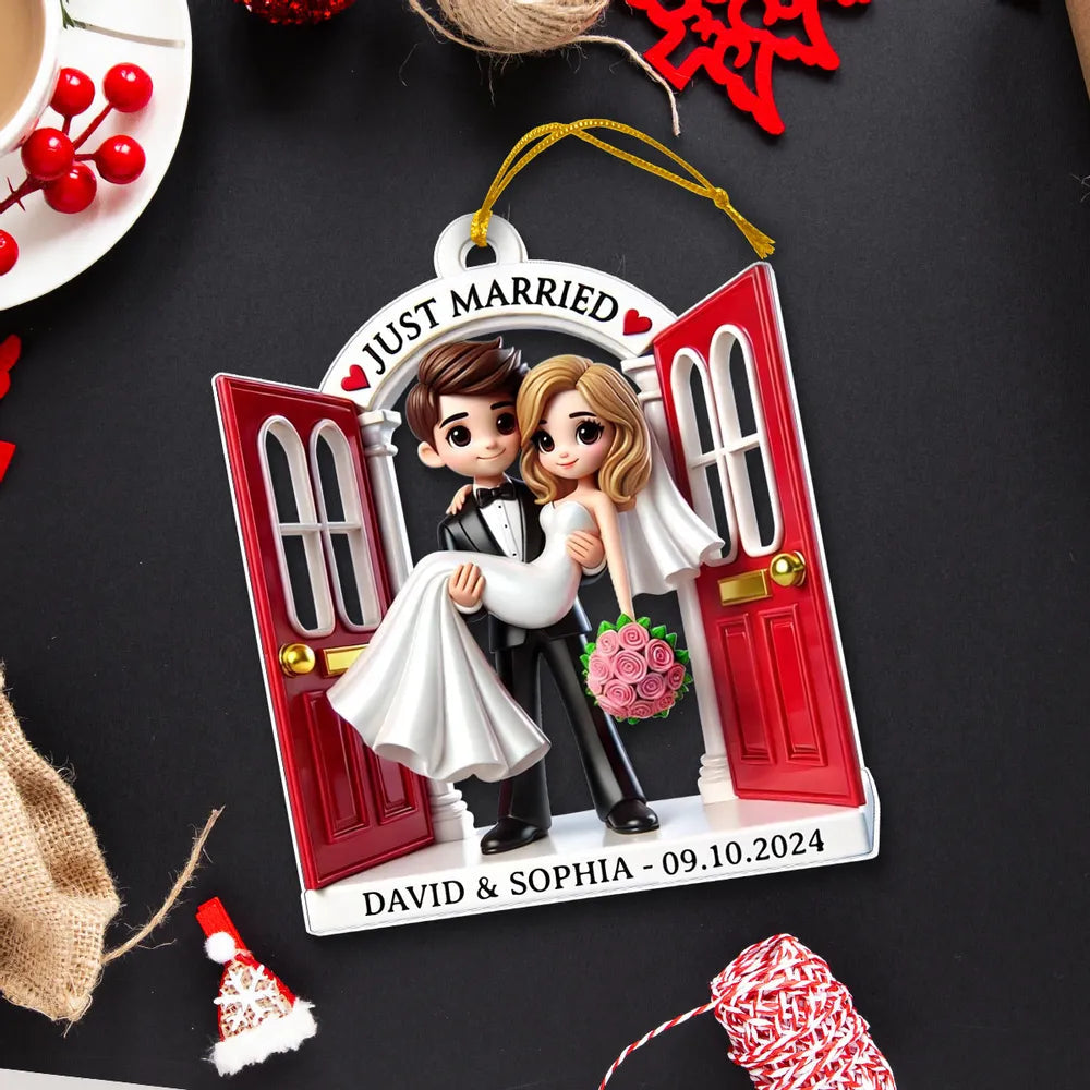 Personalized Acrylic Just Married Couple Ornament | Red Doorway Bride & Groom Carry | Customizable Date & Names