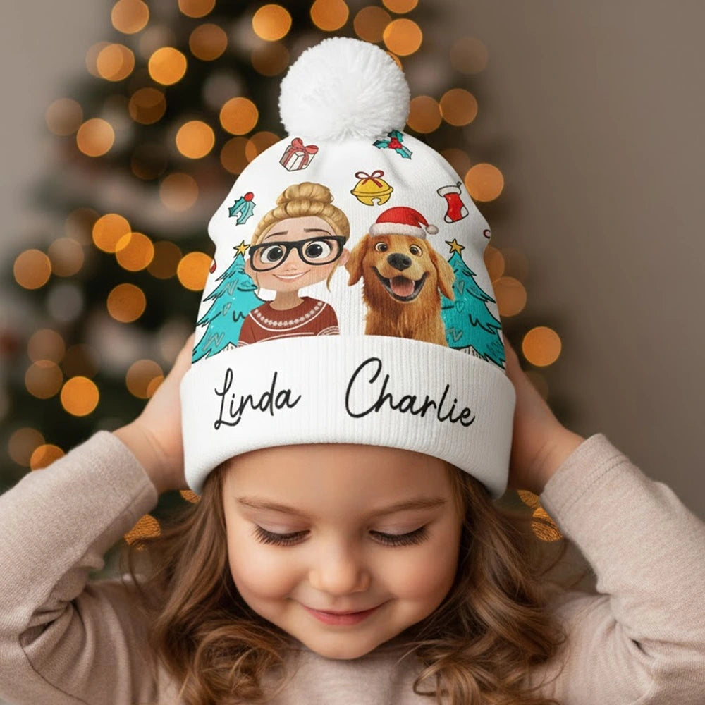 Personalized Bobble Beanie Hat with Girl & Dog Cartoon, Christmas Trees & Icons, Unique Holiday Gift for Pet Lovers