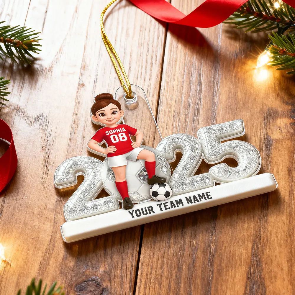Acrylic Ornament - Custom Soccer Player with Ball, Stadium Lights & Snowflakes - Unique Gift for Players & Coaches