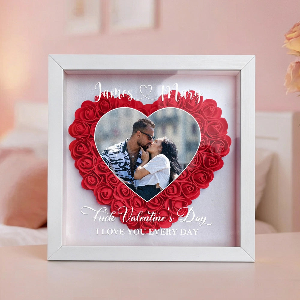 Personalized Flower Shadow Box with Heart Photo for Kissing Couple Romantic Home Display Unique Gift for Wife or Husband