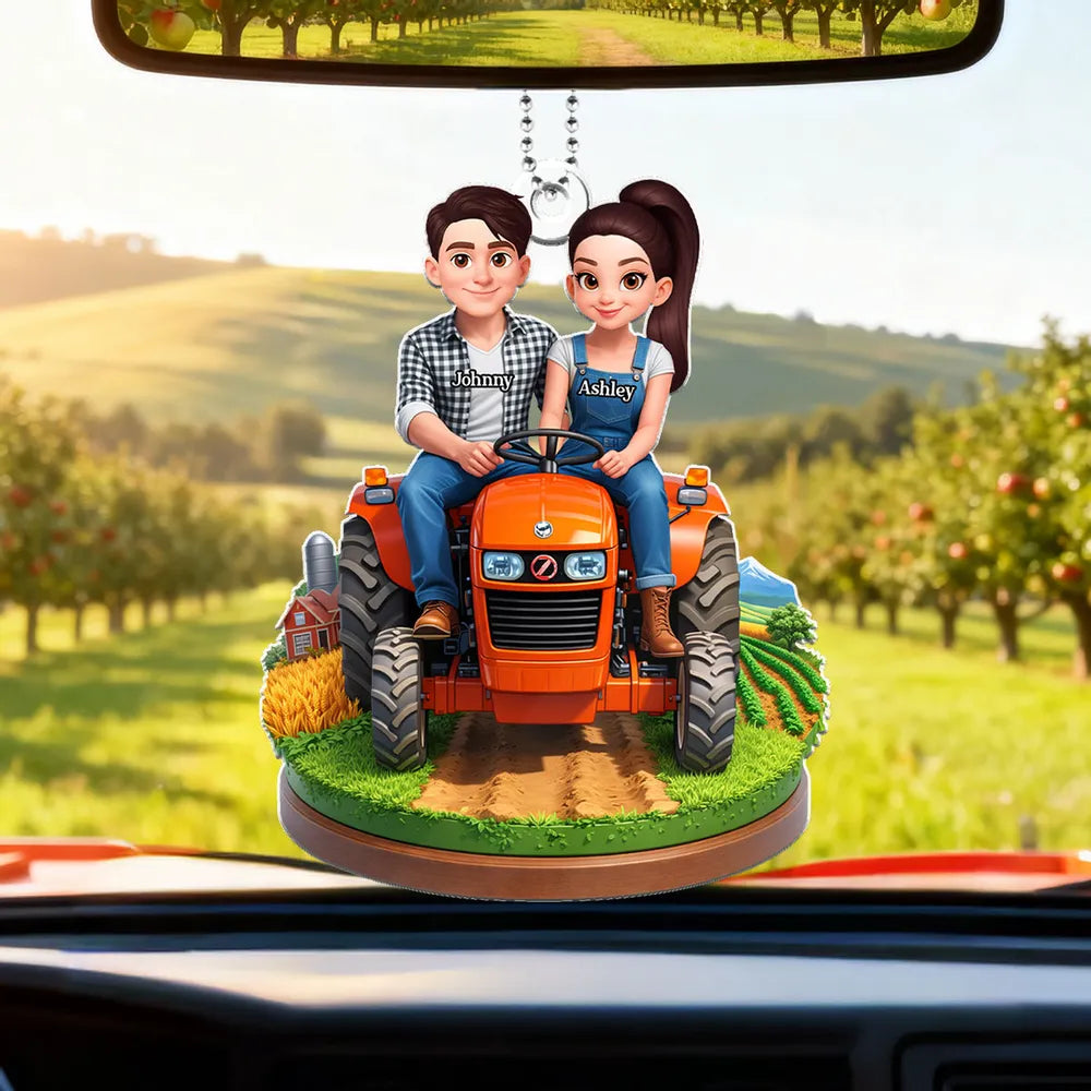 Personalized Acrylic Car Hanger Cute Cartoon Farmer Couple on Tractor, Country Drive Mirror Decor, Unique Gift