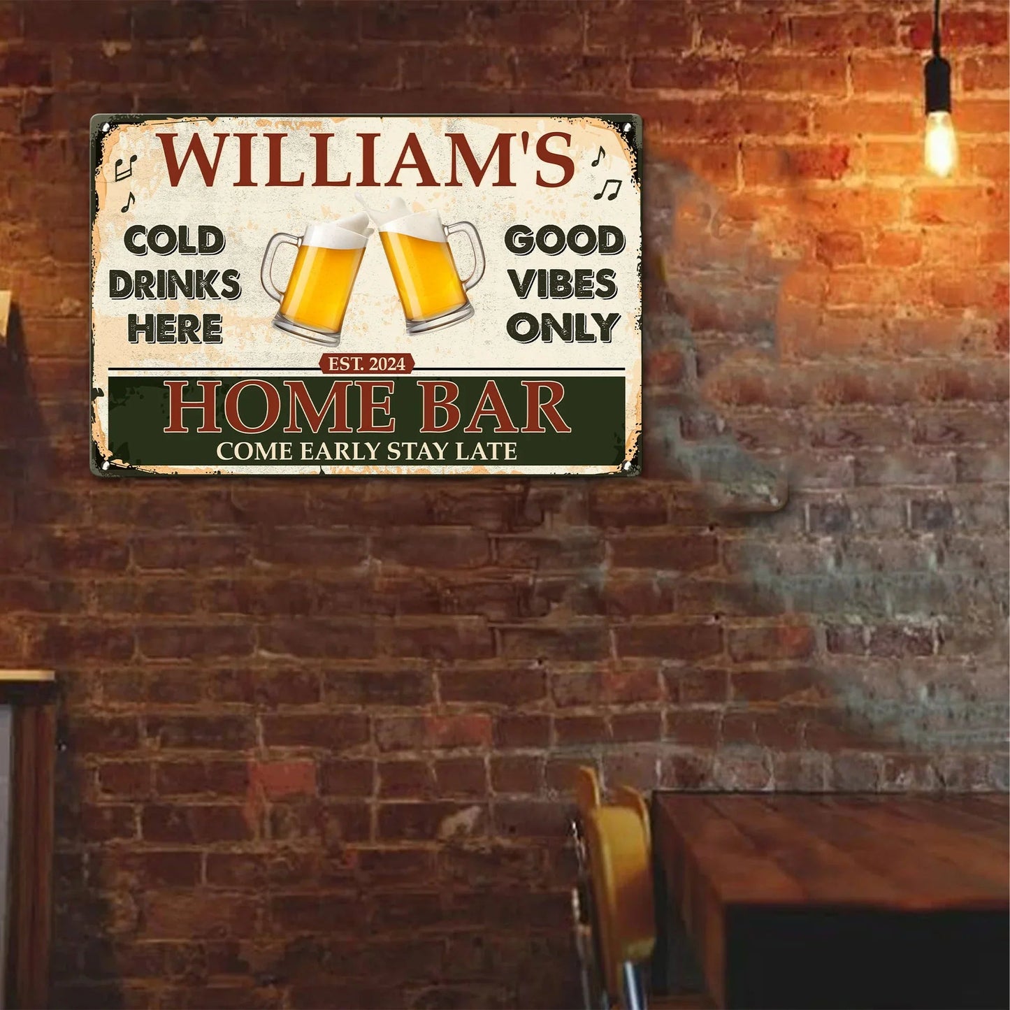 Personalized Home Bar Rectangular Iron Sign with Clinking Beer Mugs - Cold Drinks Here, Unique Gift for Dad