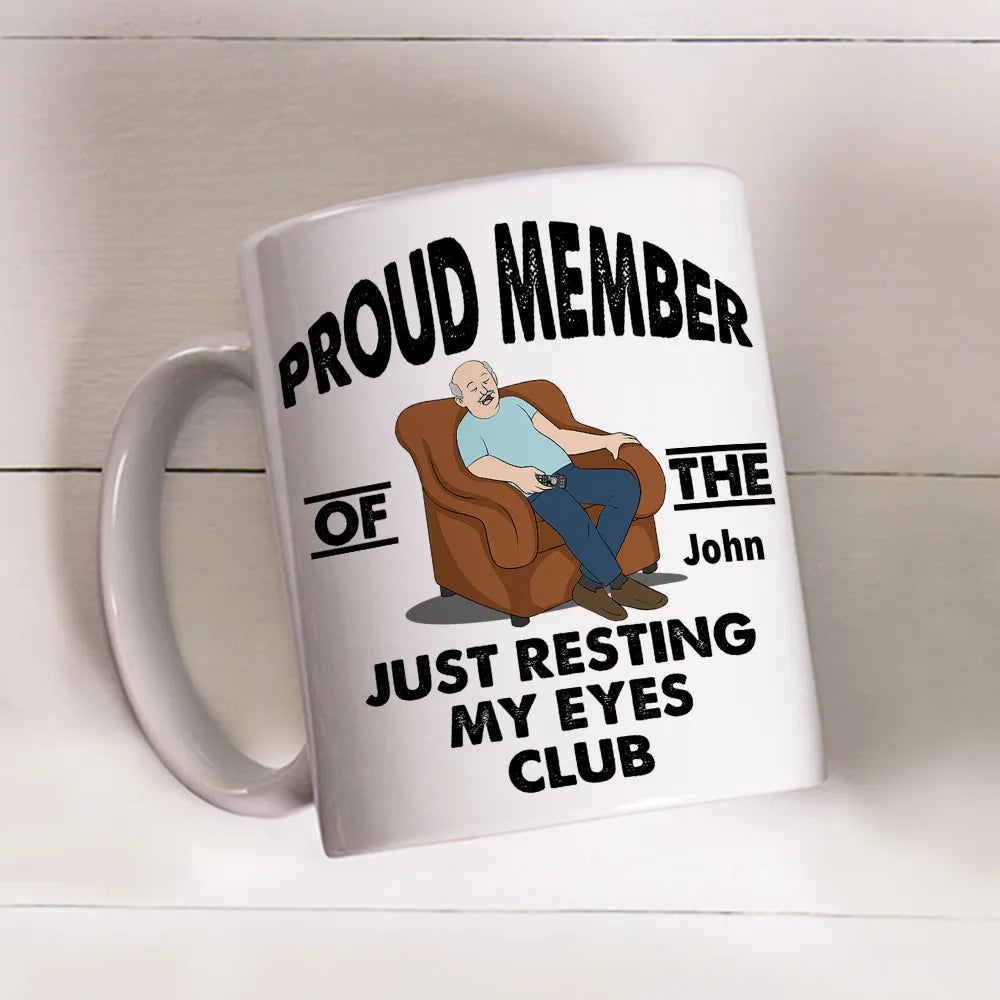 Ceramic Mug with Custom Name Funny Sleeping in Chair Cartoon Office Coffee Gift for Him - Just Resting My Eyes