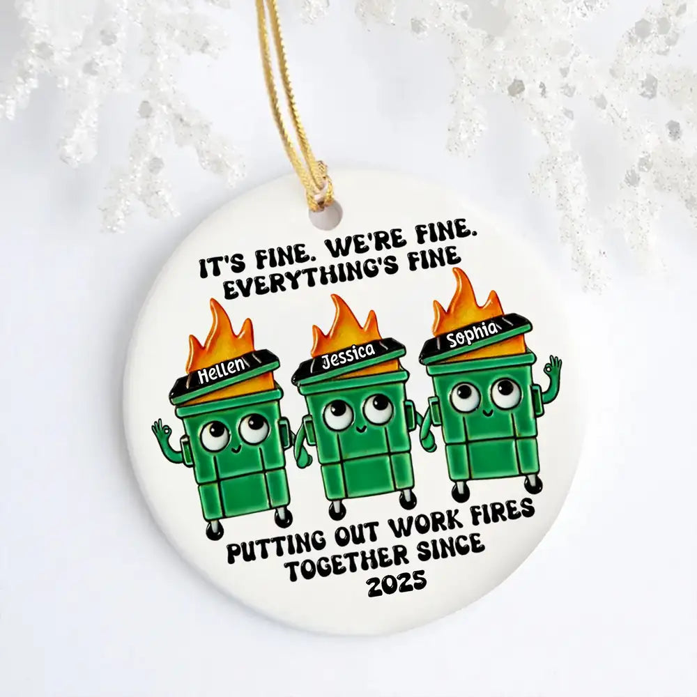 Personalized Ceramic Ornament with Funny Dumpster Fire Characters, Unique Coworker Gift for Office Friends & Work Besties