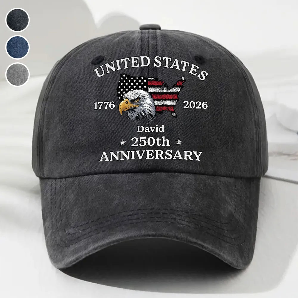 Custom Name US 250th Anniversary Flag Eagle Washed Denim Hat, Meaningful Everyday Keepsake