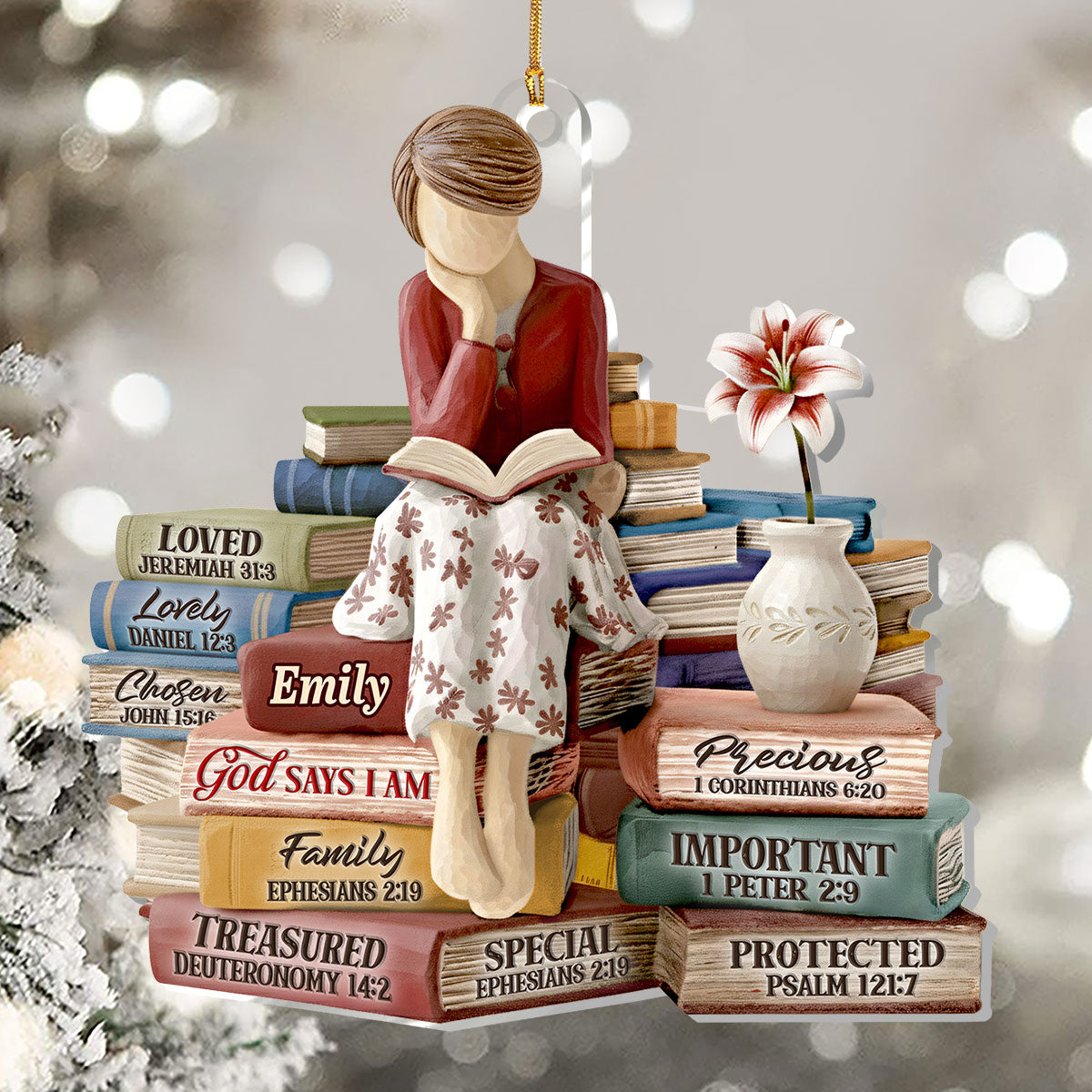 Personalized Acrylic Ornament with Reading Woman and Faith Books – Unique Christian Gift and Christmas Tree Decor