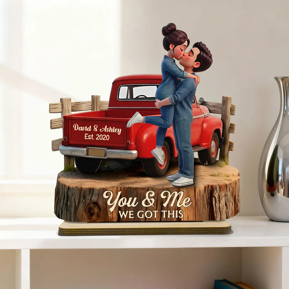 Personalized 2-Layer Wooden Plaque with Kissing Couple in Red Pickup Truck, Farmhouse Decor, Unique Gift for Couples