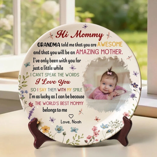 Bone China Plaque with Baby Photo and Heartfelt Mom Message, Soft Floral Table Accent and Wall Decor, Thoughtful Gift