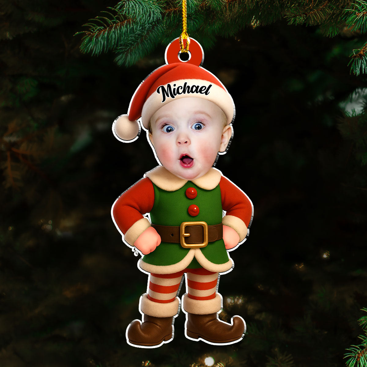 Acrylic Ornament - Personalized Little Elf with Surprised Face, Christmas Tree Decor, unique gift for Mom, Dad & Grandparents
