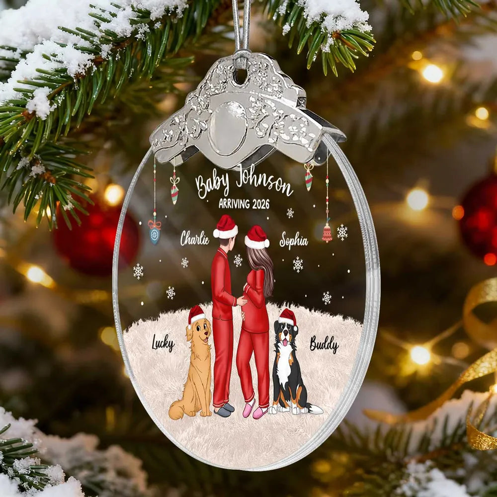Personalized Silver Capped Glass Ornament for Expecting Parents with Pets, Cozy Christmas Keepsake, Unique Family Gift