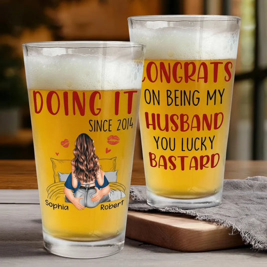 Congrats On Being My Husband Personalized Beer Glass, Cheeky Love Quote Gift For Him With Heart And Kiss Marks