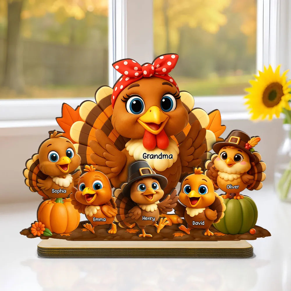 Fall Season Wooden Plaque with Adorable Turkey Family Artwork, Cozy Décor, Perfect Gift for Grandma