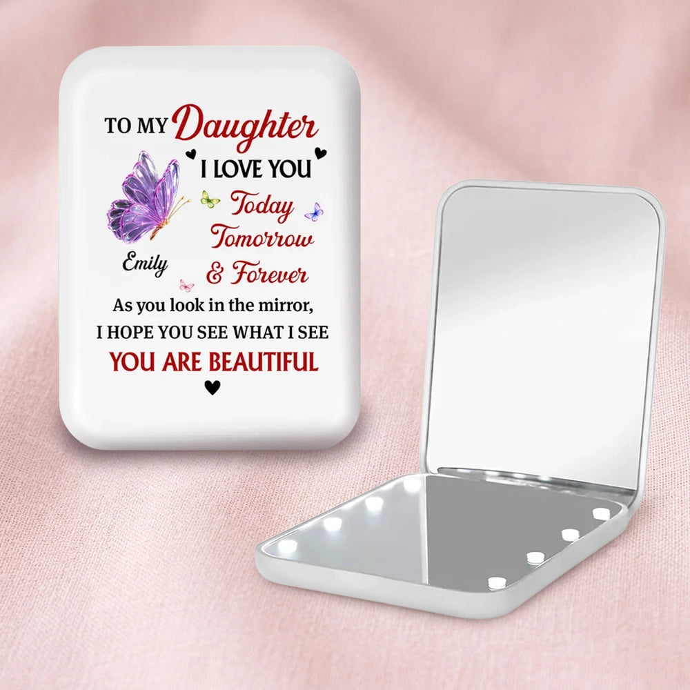 Personalized LED Pocket Mirror 'To My Daughter' Butterfly Quote, Sweet Everyday Reminder, Unique Gift for Daughter