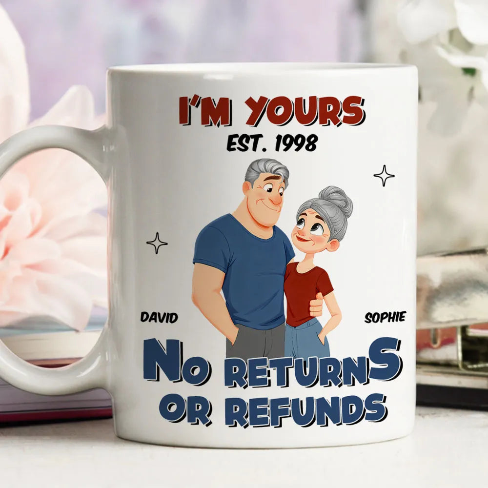 White Ceramic Mug Personalized with Cartoon Couple Hug, Playful No Returns or Refunds Design, Cute Gift for Couples