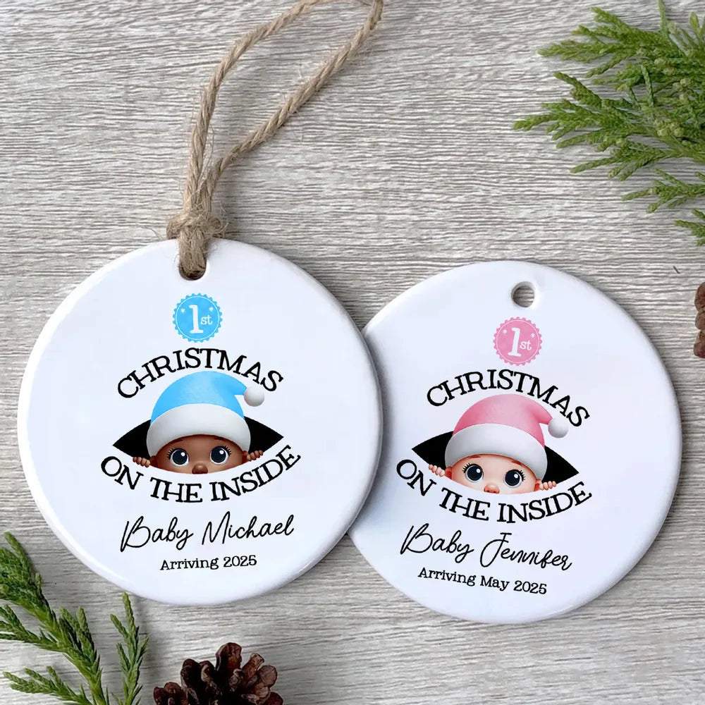 Personalized Christmas Ceramic Ornament for Expecting Parents, Baby Peeking Design, Unique Holiday Keepsake Gift