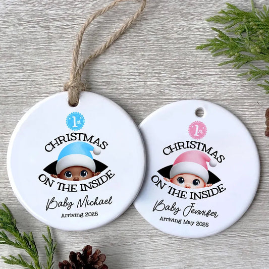 Personalized Christmas Ceramic Ornament for Expecting Parents, Baby Peeking Design, Unique Holiday Keepsake Gift