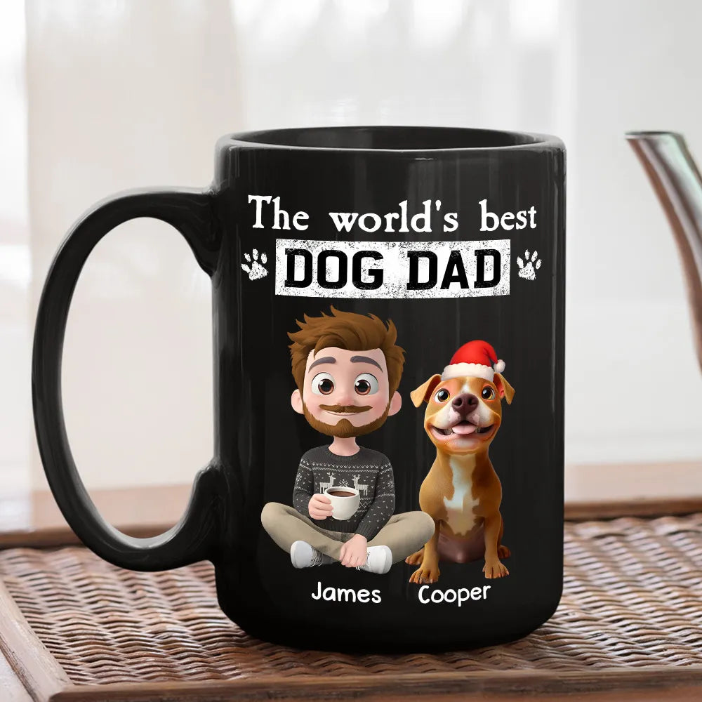 Dog Dad Mug - World's Best design, cartoon man & dog with Santa hat, personalized, creative Christmas gift for Dad