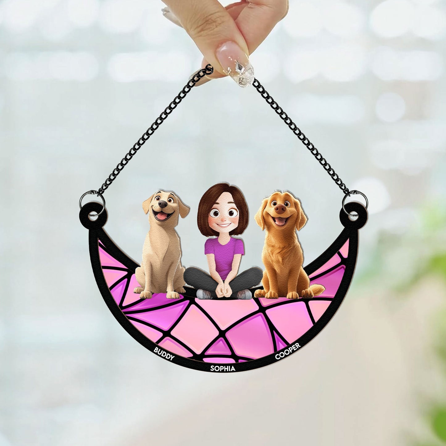 Personalized Dog Lovers Ornament – Cute Family Hanging with a Girl and Her Dogs, Perfect Gift for Dog Lovers, Ideal for Valentine's Day and Birthday, Wood and Acrylic Layered Ornament