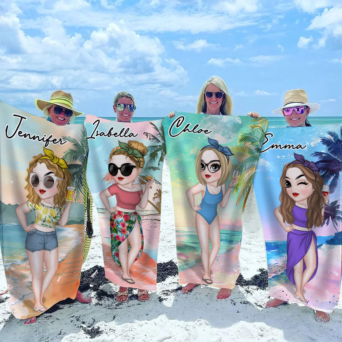 Personalized Beach Towel with Stylish Summer Lady Cartoon, Colorful Poolside Beach Trip Decor, Unique Gift for Her