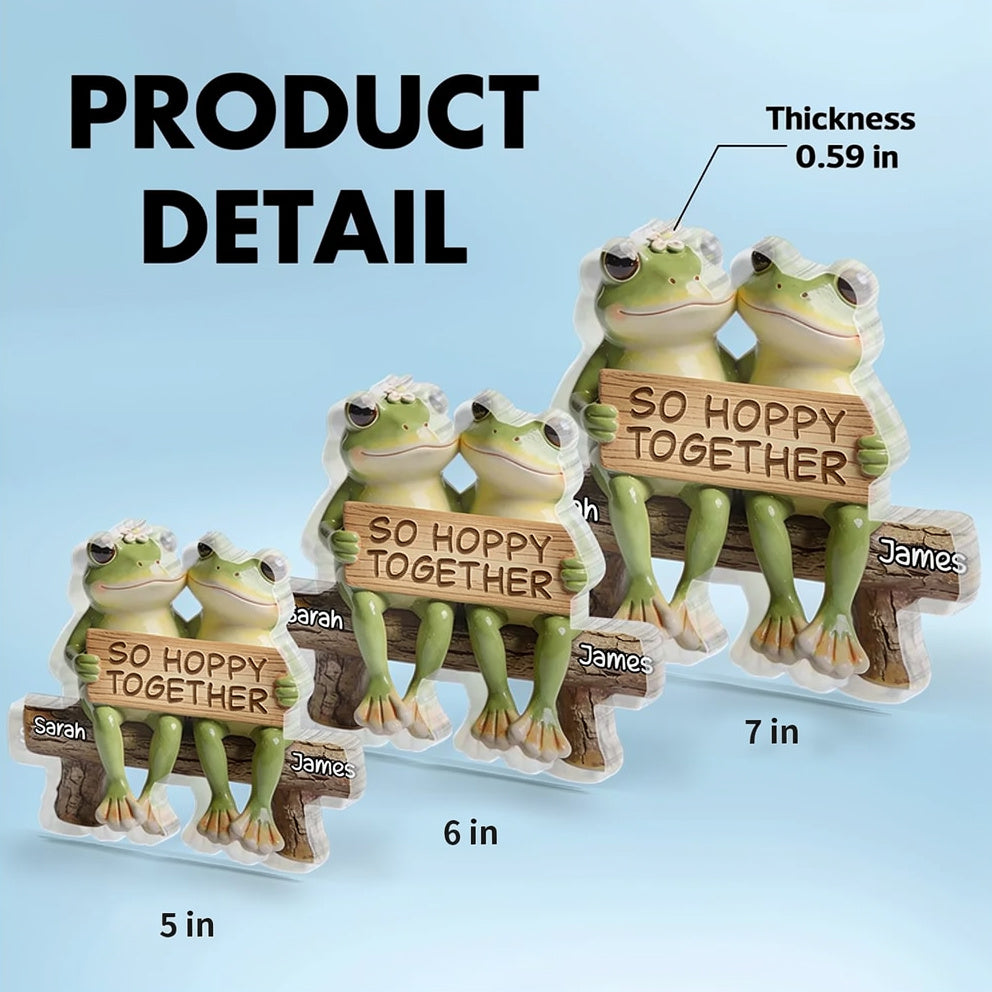 Shaped Acrylic Block Plaque Personalized Love Keepsake, Sweet Frog Couple Bench Scene with 'So Hoppy Together', Thoughtful Gift